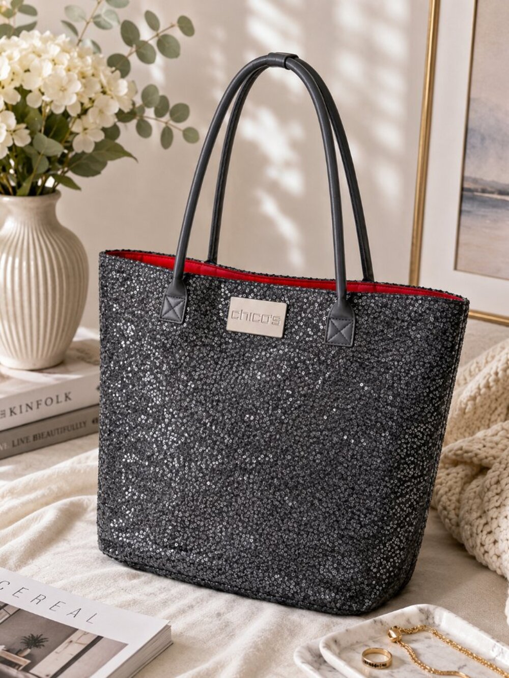 Chico's Black Sequin Tote Bag Large Shoulder Bag Red Interior Sparkly